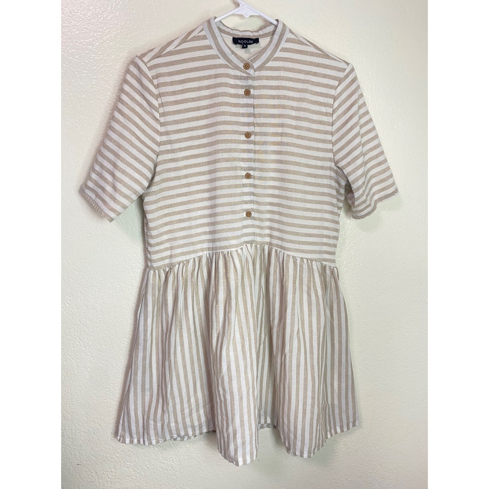 Roolee Beige White Striped Short Sleeve Babydoll Mini Dress Small Coastal Boho